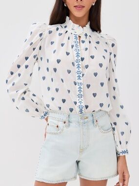White Heart Print Ruffle-Neck Blouse